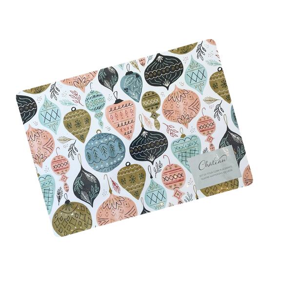 CHATEAU Christmas Ornament Cork Backed Hard Placemats 12x16 Set of 4 Holiday New - Picture 2 of 16